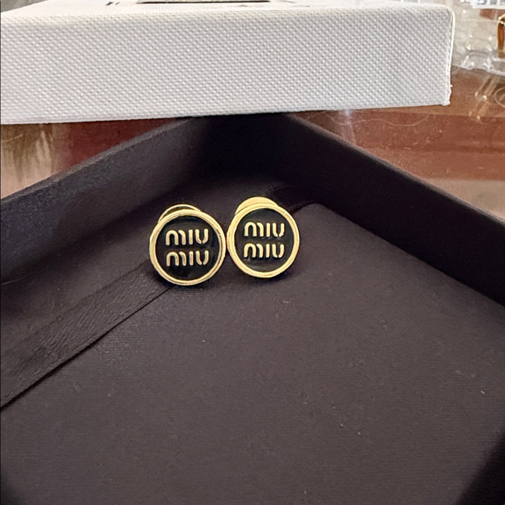Miu Miu Gold Black Logo Stud Earrings - Picture 1 of 2